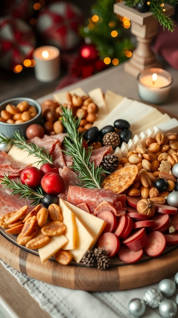 A festive charcuterie board with meats, cheeses, fruits, and holiday decorations.